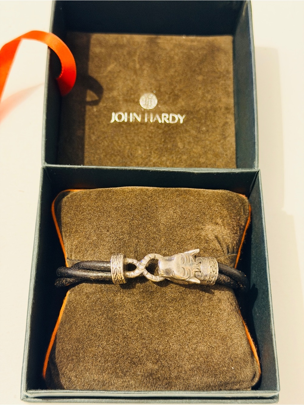 John Hardy Black Leather Bracelet with Silver Dragon Head Accent